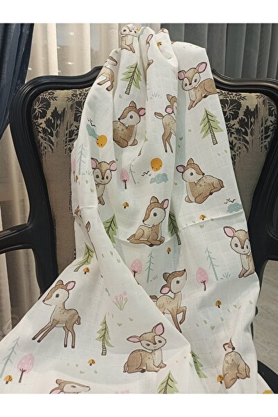 stay home %100 Pamuklu Çift Katlı Ceylan Desen Müslin Bezi Yazlık Bebek Örtüsü