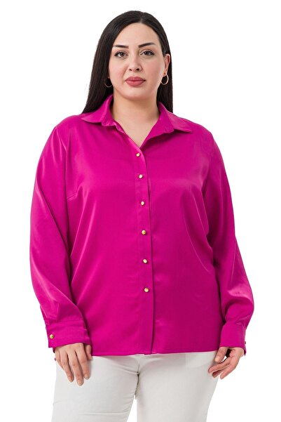 DISENTIS MODEST Büyük Beden Saten Dokulu Manşetli Fuşya Gömlek