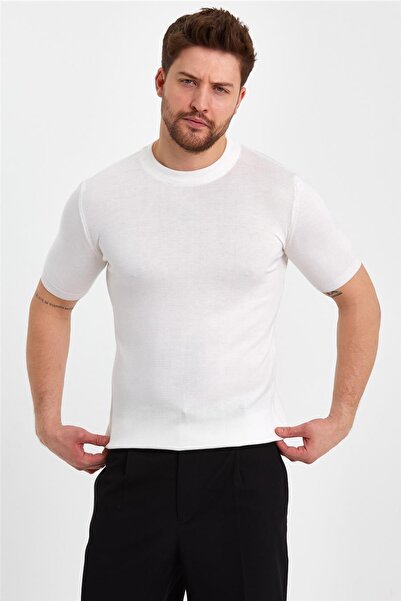 Tarz Cool Λευκό ανδρικό μισό ψαρά μονόχρωμο μπλουζάκι-trz19129r12s