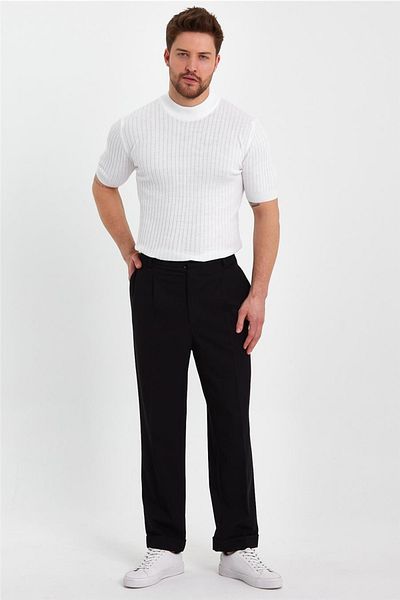 Tarz Cool Λευκό ανδρικό πλεκτό μπλουζάκι Half Fisherman Stripe-trz19233r01s