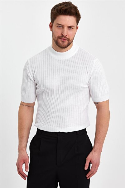 Tarz Cool Beyaz Erkek Yarım Balıkçı Çizgili Triko T-shirt-trz19233r01s