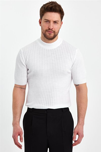 Tarz Cool Beyaz Erkek Yarım Balıkçı Çizgili Triko T-shirt-trz19233r01s