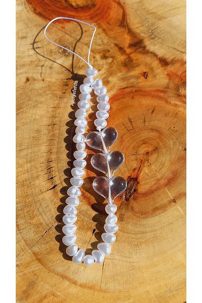 Atolye Ferda White Colored Transparent Phone Charm with Heart Figure and Pearl Phone Ornament