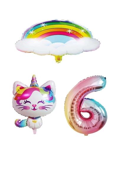 BEST PARTİ DOĞUM GÜNÜ PARTİ SÜSLERİ Cloudy Rainbow Unicorn Cat Foil And Numbe...