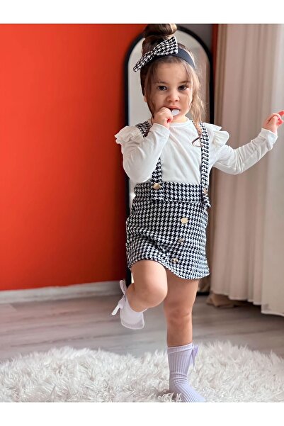 tunay moda Girl's Christmas Houndstooth Salopet, Bandana and Camisole Badi Combination