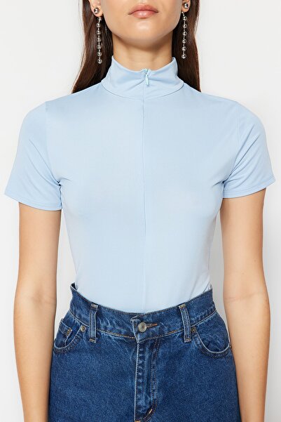 Trendyol Collection Blue Zippered Stand Collar Zippered Short Sleeve Flexible Snap Knitted Body TWOAW21BD0009
