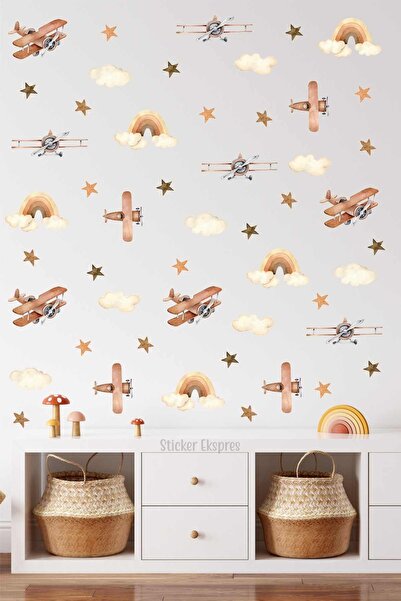 Sticker Ekspres Retro Planörler Ve Gökkuşağı Çocuk Odası Duvar Sticker Seti