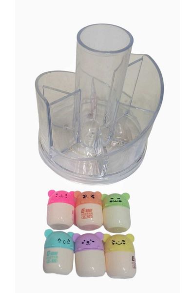 sevgi kırtasiye Sugar Bears Mini 6-Piece Highlighter Pen Set with Tabletop Pen Holder Gift