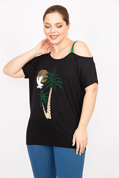 Şans Γυναικεία Μπλούζα Μαύρη Plus Size με πέτρα και λουράκι λεπτομέρεια 65n35874