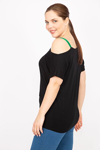 Şans Γυναικεία Μπλούζα Μαύρη Plus Size με πέτρα και λουράκι λεπτομέρεια 65n35874