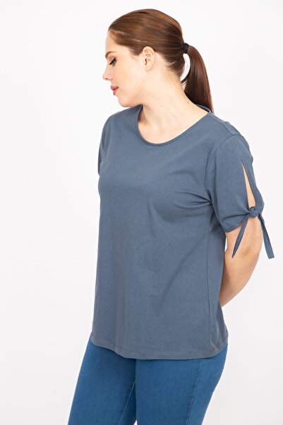 Şans Women's Smoked Large Size Cotton Fabric Sleeve Lace Up Blouse 65n35863