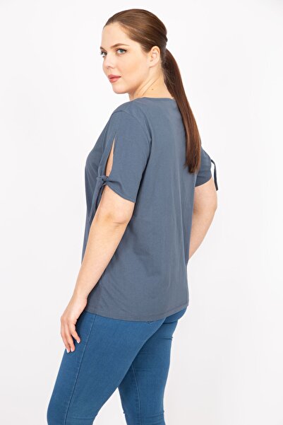 Şans Women's Smoked Large Size Cotton Fabric Sleeve Lace Up Blouse 65n35863