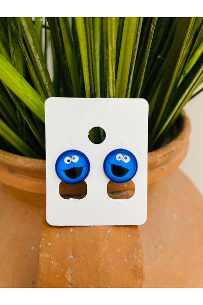1PARÇAMAVİ Blue Cookie Monster Women's - Children's Earrings - Studded Earrings