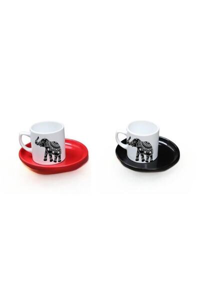 LADİJİTAL BASKI ÇÖZÜMLERİ Red and Black 2-Person Turkish Coffee Cup with Elephant
