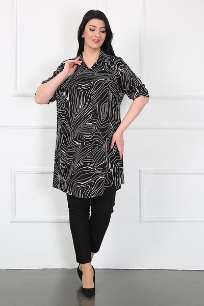 By Alba Collection Women's Black Complex Striped Cotton Viscose Large Size Tunic