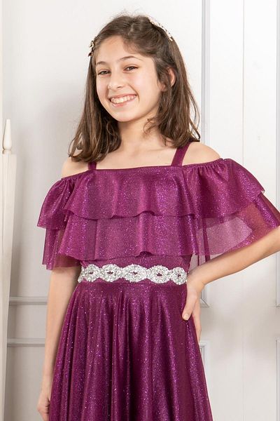 SUBU TASARIM Glittery Tulle Evening Dress - Ruffle Detailed, Plum Mdv314