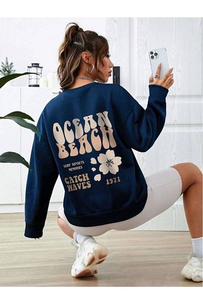 coder Navy Blue Colored Printed Crew Neck Oversize Sweatshirt Cg208