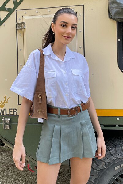 Trend Alaçatı Stili Women's Green Waist Belted Pleated Gabardine Shorts Skirt ALC-X9996