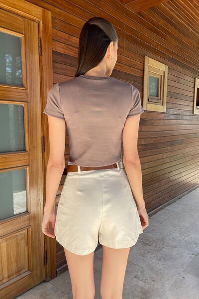 Trend Alaçatı Stili Women's Beige Waist Belted Pleated Gabardine Shorts Skirt ALC-X9996