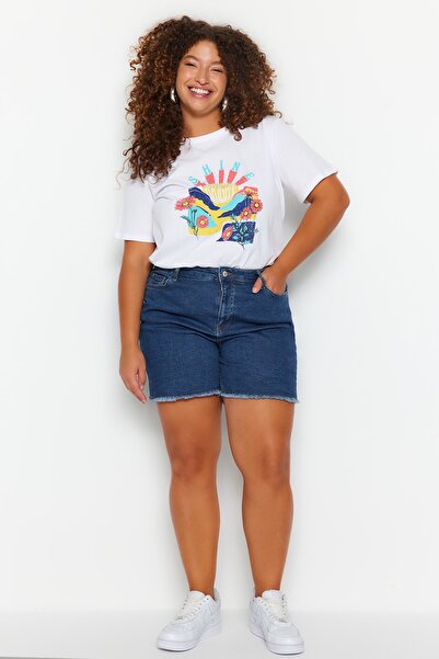 Trendyol Curve Modré elastické úzké džínové šortky s vysokým pasem a bermudy TBBSS22AP0008