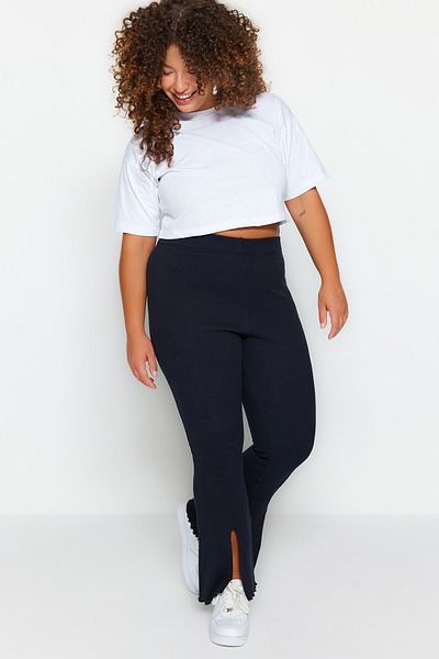 Trendyol Curve Navy Blue High Waist Slit Spanish Leg Knitted Trousers TBBSS23AR00020