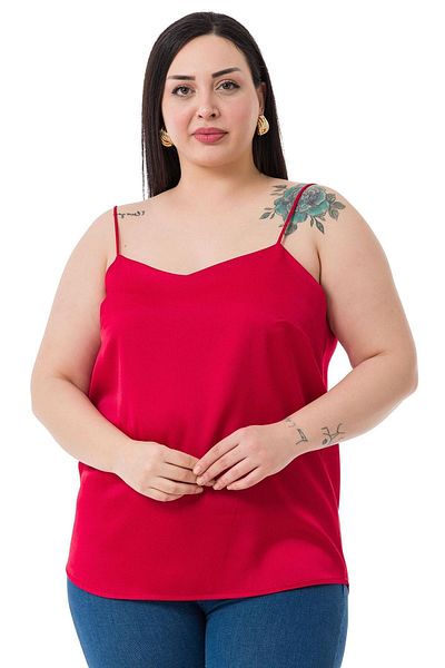 DISENTIS MODEST Plus Size Adjustable Thin Strap Satin Red Blouse