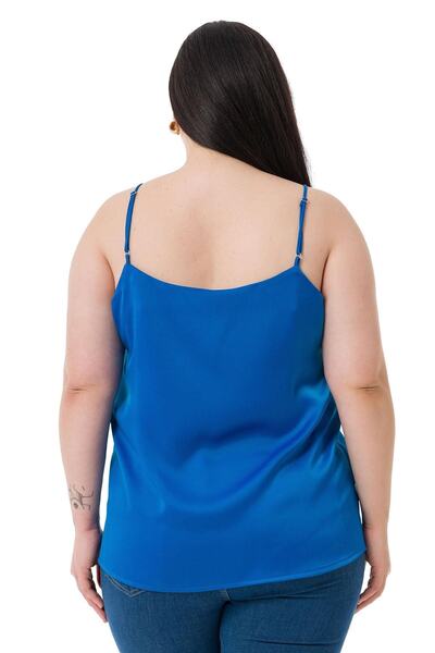 DISENTIS MODEST Plus Size Adjustable Thin Strap Satin Saks Blue Blouse