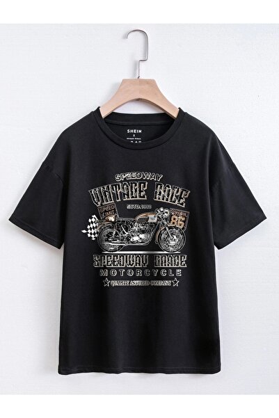 Daxia Unisex Önü Motor Baskılı Oversize Bisiklet Yaka Tshirt