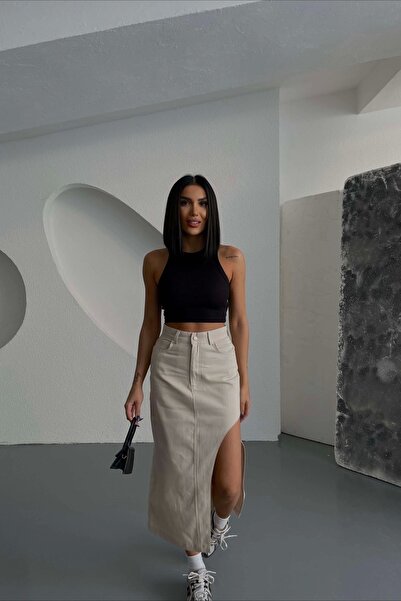 Eka Γυναικεία Μπεζ Φούστα με βαθύ σκίσιμο 0999-23049