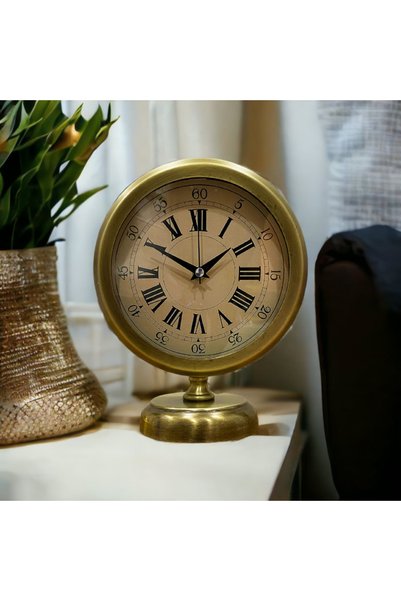 Bahat Eskitme Gold Metal Ofis Salon Otel Masa Saati 25*20 Cm V1