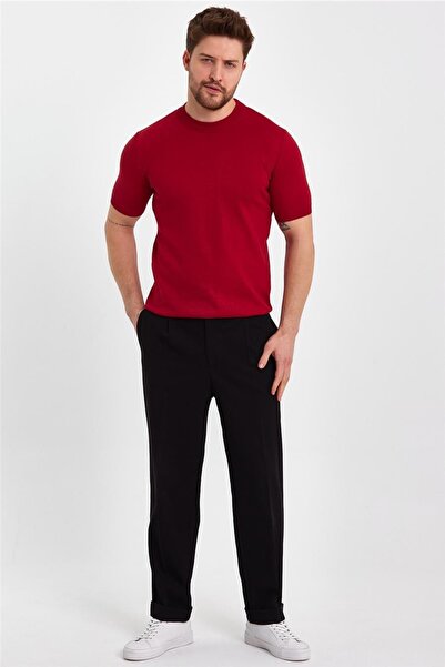Tarz Cool Red Men's Half Fisherman Plain Knitwear T-shirt-trz19129r06s
