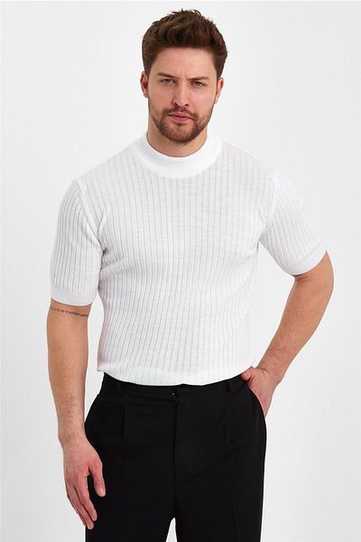 Tarz Cool Λευκό ανδρικό πλεκτό μπλουζάκι Half Fisherman Stripe-trz19233r01s