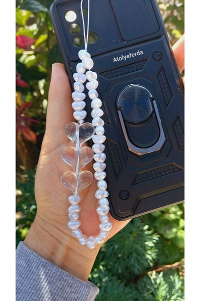 Atolye Ferda White Colored Transparent Phone Charm with Heart Figure and Pearl Phone Ornament
