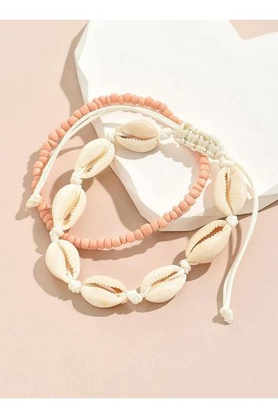 Roe takı aksesuar Seashell And Pink Miyuki Sand Bead Anklet Set of 2