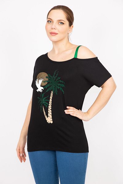 Şans Women's Black Plus Size Blouse with Stone and Strap Detail 65n35874