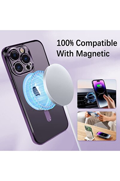 m.tk moveteck Iphone 14 Pro Max Kılıf Magsafe Wireless Şarj Destekli Parlak Renkli Kenarlı Arkası Şeffaf Silikon