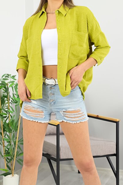 LACHT Kadın Yeşil Çift Cep Detaylı Keten Gömlek