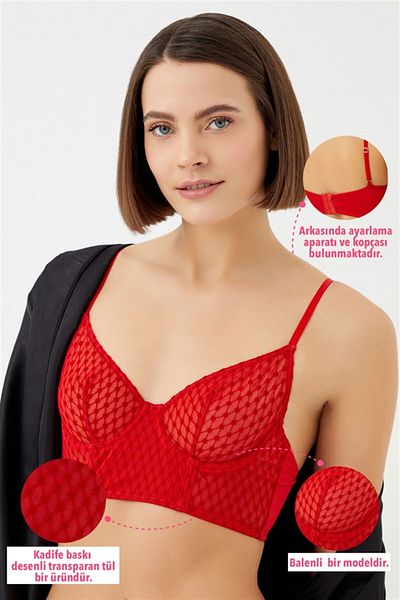 Cottonhill Red Polka Dot Tulle Adjustable Strap Underwire Women's Bralette Bra