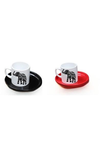 LADİJİTAL BASKI ÇÖZÜMLERİ Red and Black 2-Person Turkish Coffee Cup with Elephant