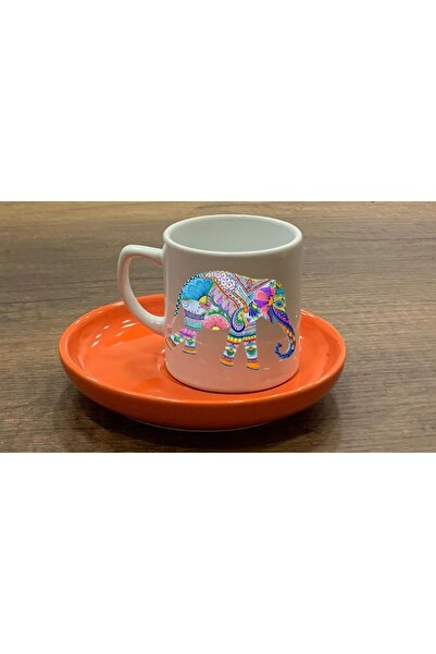 LADİJİTAL BASKI ÇÖZÜMLERİ طقم فناجين قهوة تركية باللون البرتقالي مع فيل