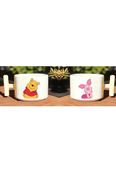 Öz Kupa Pooh & Piglet Baskılı Sevgili Çift Çift 2'li Beyaz T Kulp Kupa Bardak