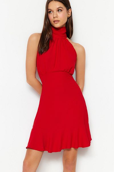 Trendyol Collection Rotes Neckholder-A-Linien-Minikleid aus Webstoff TWOSS21EL1538