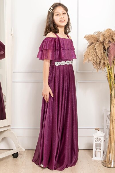 SUBU TASARIM Βραδινό φόρεμα από τούλι Glitter - Λεπτομέρεια βολάν, Plum Mdv314