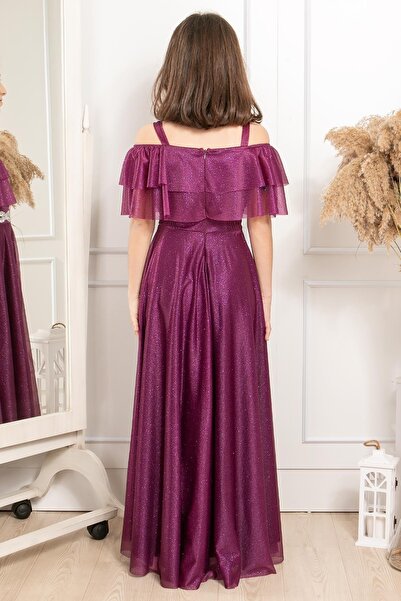 SUBU TASARIM Βραδινό φόρεμα από τούλι Glitter - Λεπτομέρεια βολάν, Plum Mdv314