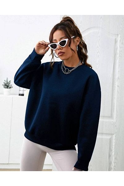coder Navy Blue Colored Printed Crew Neck Oversize Sweatshirt Cg208