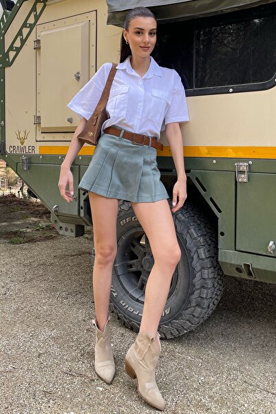 Trend Alaçatı Stili Women's Green Waist Belted Pleated Gabardine Shorts Skirt ALC-X9996