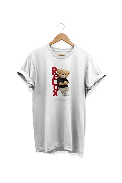 WİDİ تي شيرت أبيض مطبوع عليه دمية دب