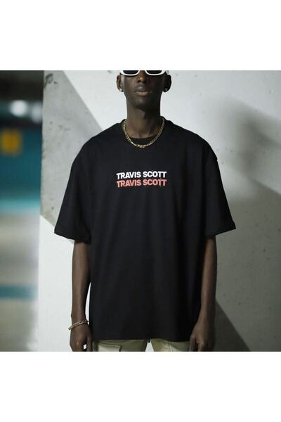 Benisengiydir Мъжка черна тениска с голямо деколте с принт Travis Scott