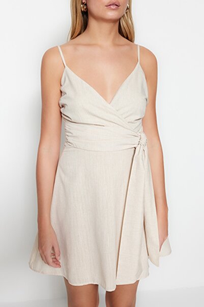 Kolekcia Trendyol Dvojradové tkané šaty ľanového vzhľadu s opaskom A-Line s drahokamami TWOSS19XN0008