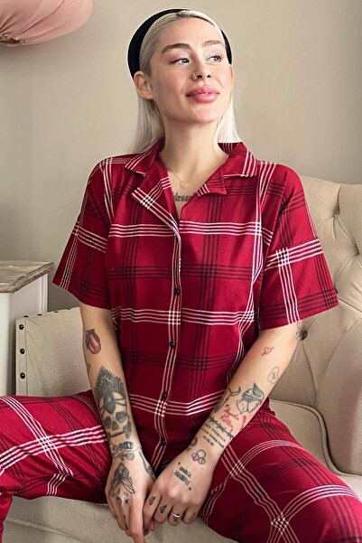 Pijamaevi Πιτζάμες Claret Red Navy Blue καρό με εμπριμέ κοντό μανίκι με κουμπ...